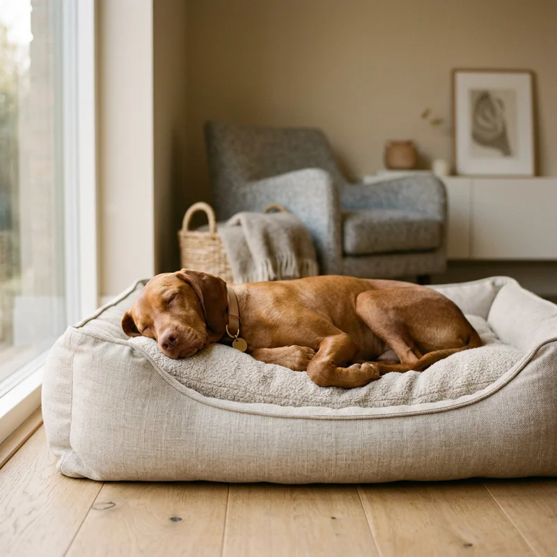 Perro descansando plácidamente y seguro en su cama