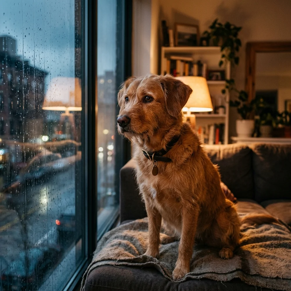 Perro alerta escuchando los ruidos de la tormenta desde la ventana de su hogar